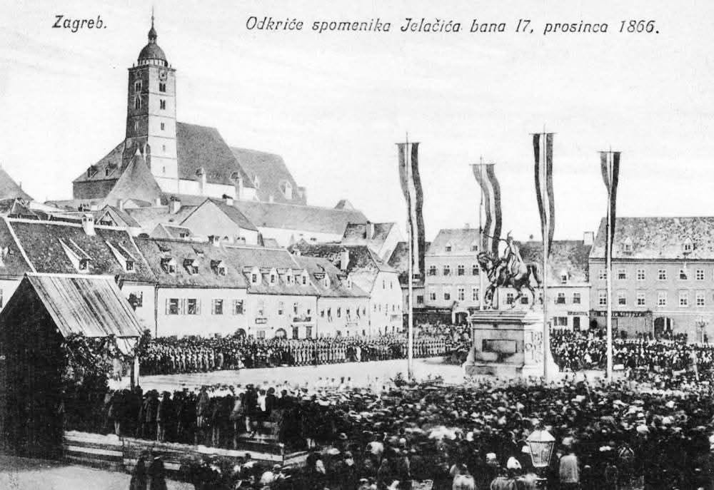 Trg bana Jelačića (tada Harmica) 17. prosinca 1866. godine, otkrivanje spomenika bana Jelačića